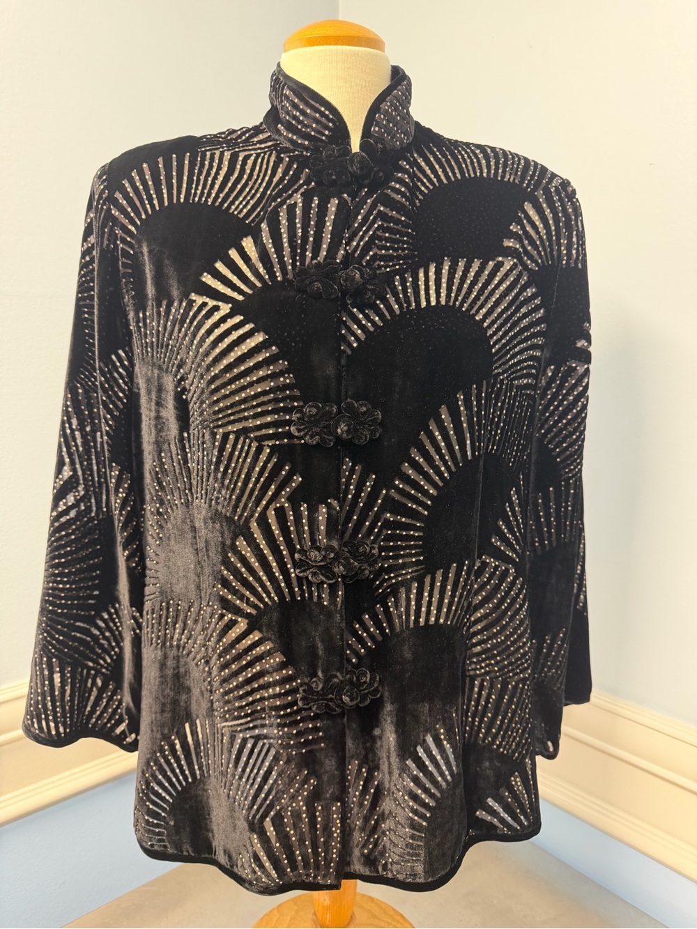 Vintage silk and velvet flocked polka dot and art deco Mandarin evening Jacket